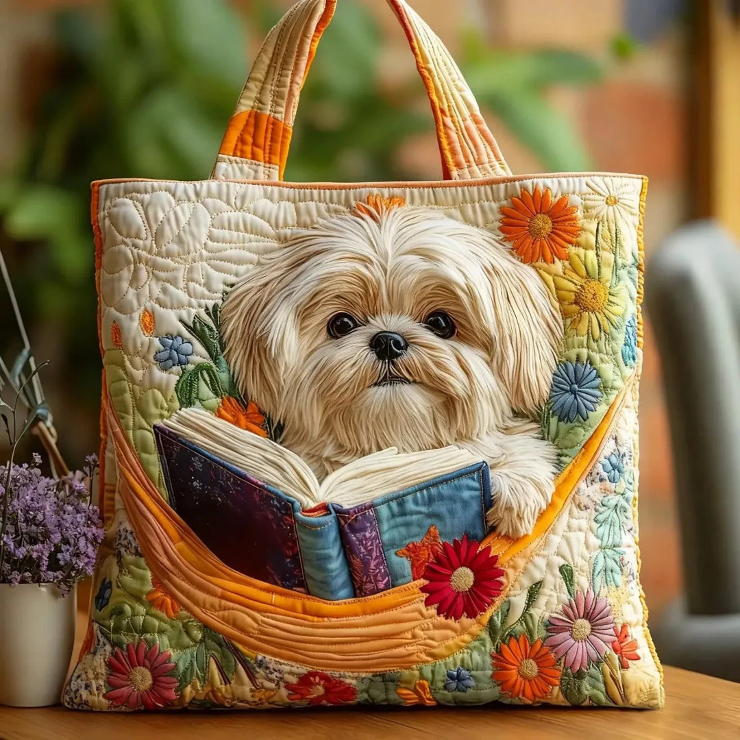 Ręcznie Robiona Torba - Shih Tzu z Książkami i Kwiatami