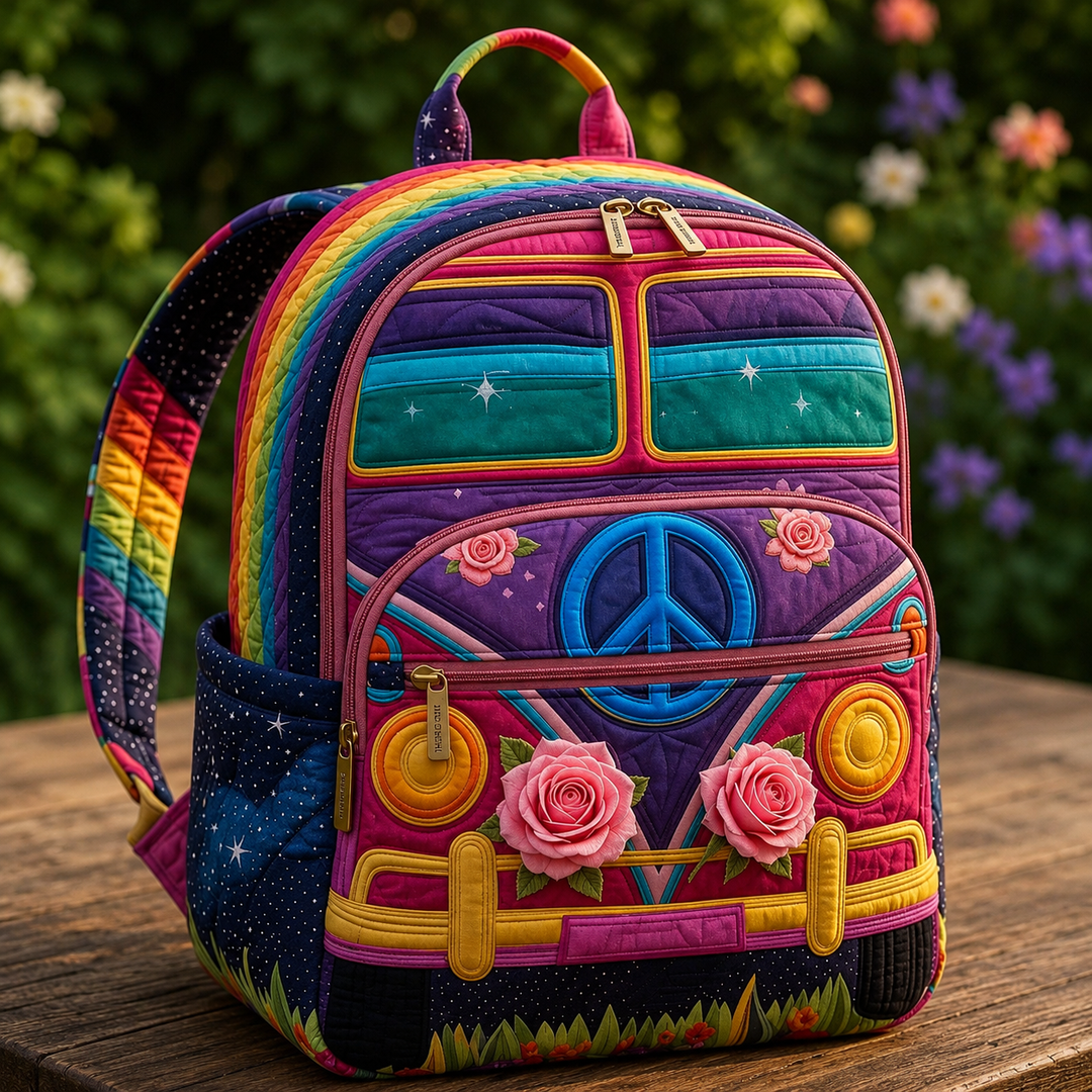 Boho Plecak - Tęcza z Różowymi Kwiatami